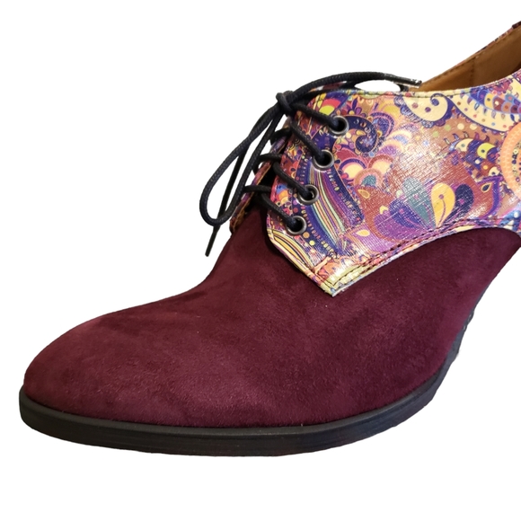 NEW Embassy London Burgundy Purple Paisley Roulette Suede Leather Block Heel - Picture 2 of 15